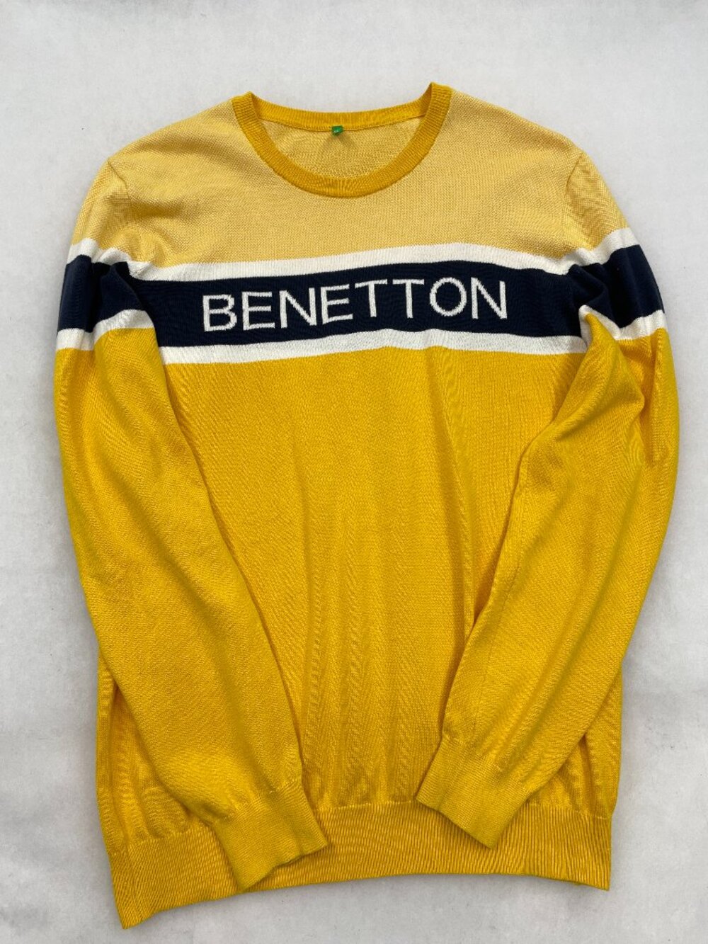 United Colors of Benetton Striped Crewneck Logo Cotton Knit Sweater Yellow Men's
